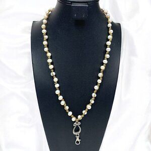 Genuine White Pearl Knotted ID Lanyard Necklace On Natural Fiber Cord 12"-18"